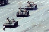 A man stands in front of tanks during the 1989 Tiananmen Square uprising