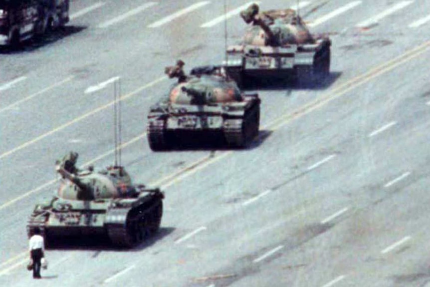 A man stands in front of tanks during the 1989 Tiananmen Square uprising