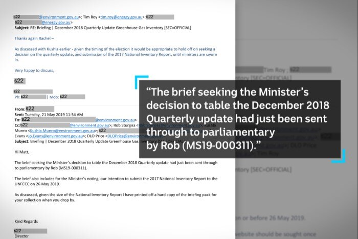 An email from a staff member at the Department of Environment reveals that on 21 May Australia's emissions report was ready.