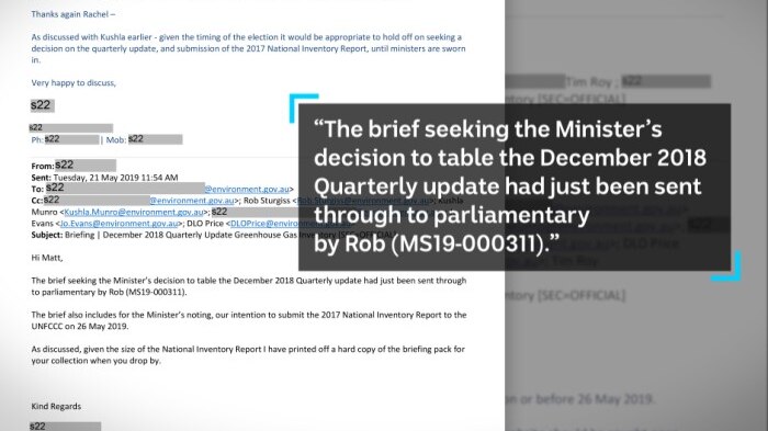 An email from a staff member at the Department of Environment reveals that on 21 May Australia's emissions report was ready.