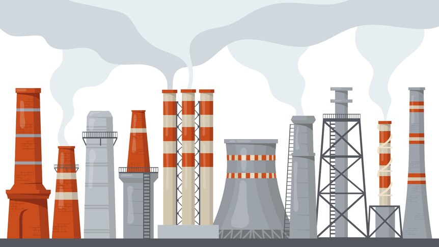 An illustration of different sized grey and orange chimneys, some emitting smoke