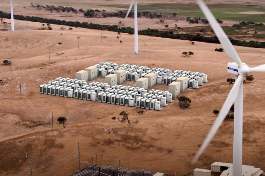 An aerial view of the Lake Bonney wind farm and battery plant.