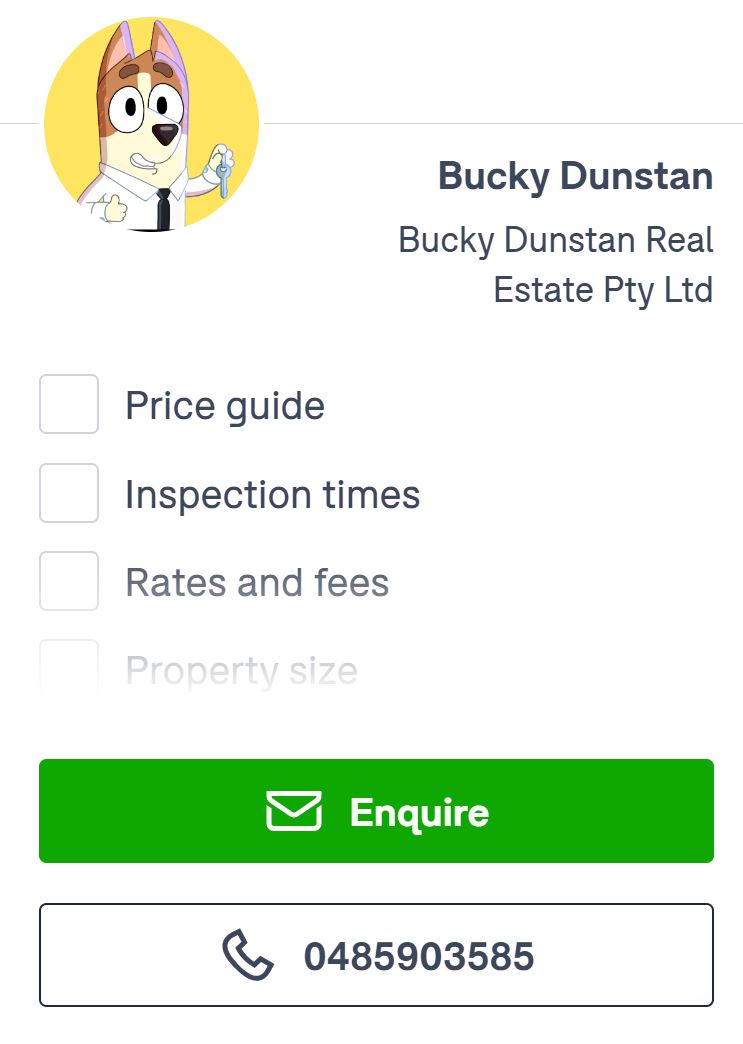 A screenshot of a fake real estate ad with a cartoon dog called Bucky as the agent