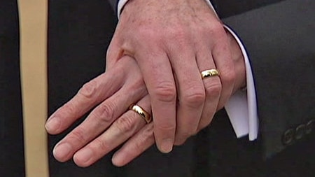 Two men wearing wedding bands holding hands at a civil union ceremony. (ABC News, file photo)