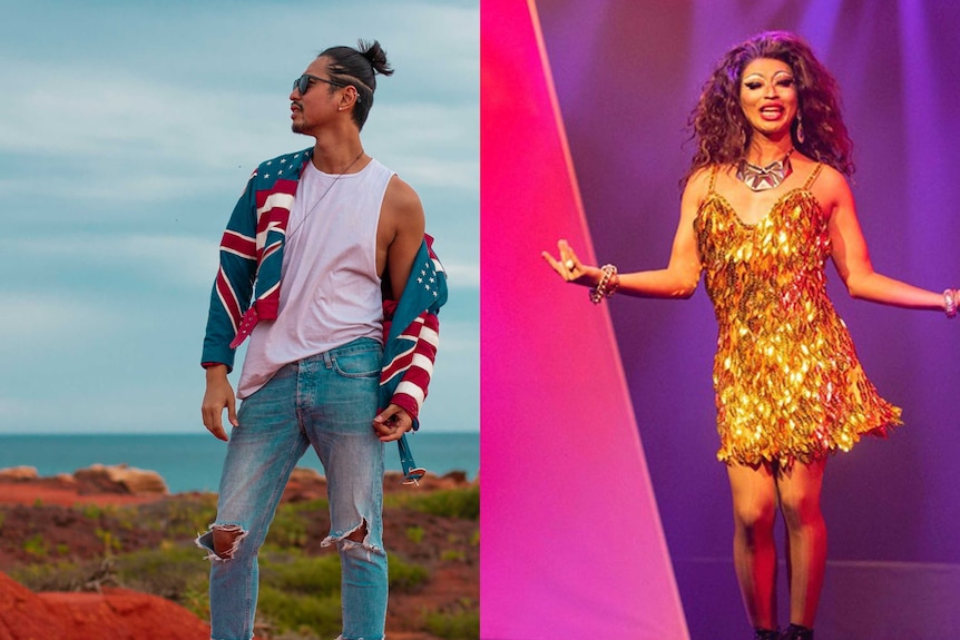 On the left, a man in stylish denim, and on the right himself but dressed as a drag queen in long hair and a frizzly dress.