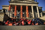 An installation by Chinese artist and free-speech advocate Ai Weiwei with life jackets left by migrants.
