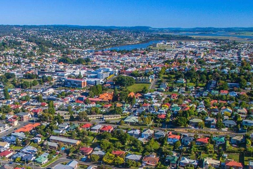 Aerial view across Launceston to the Tamar River.