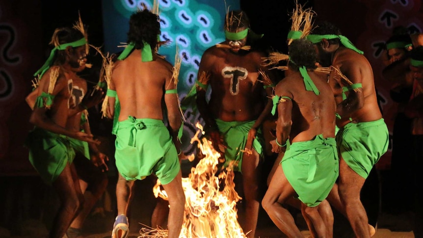 Warlpiri people dancing during performance in North Tanami Desert in Central Australia on October 15, 2016.