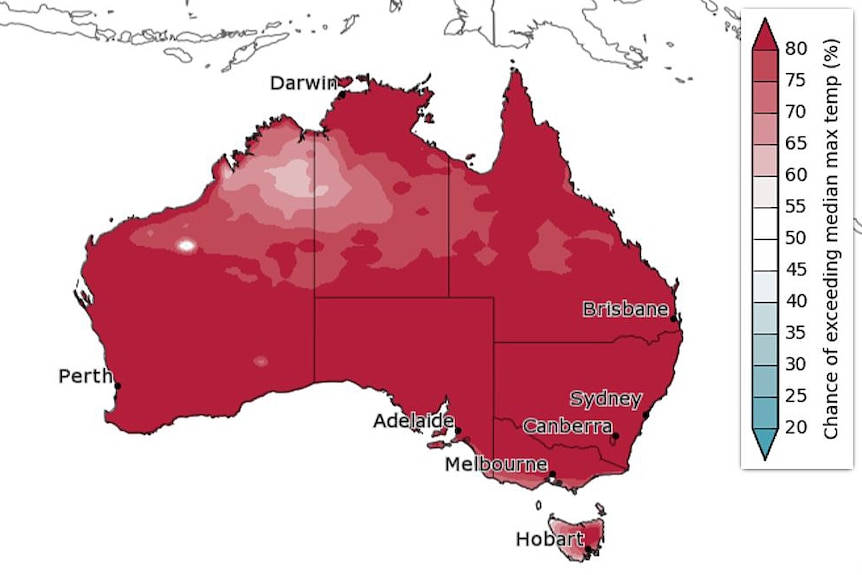 A map showing the chance of Australia exceeding the median maximum temperature between December and February.