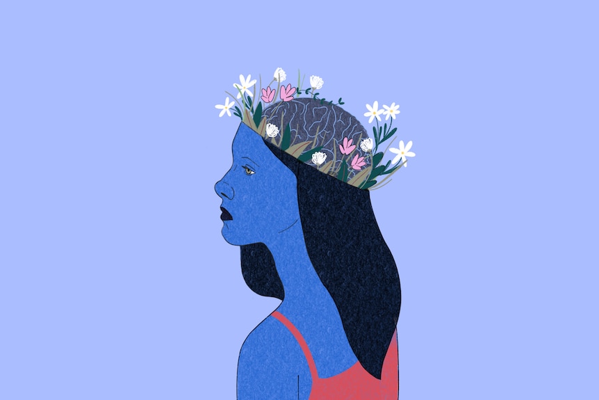 An illustration of a girl side on with flowers growing out of her brain. 