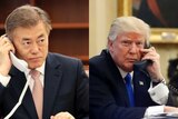 Moon Jae-in and Donald Trump both on the phone
