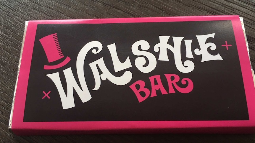 A chocolate bar bearing the words "Walshie Bar"