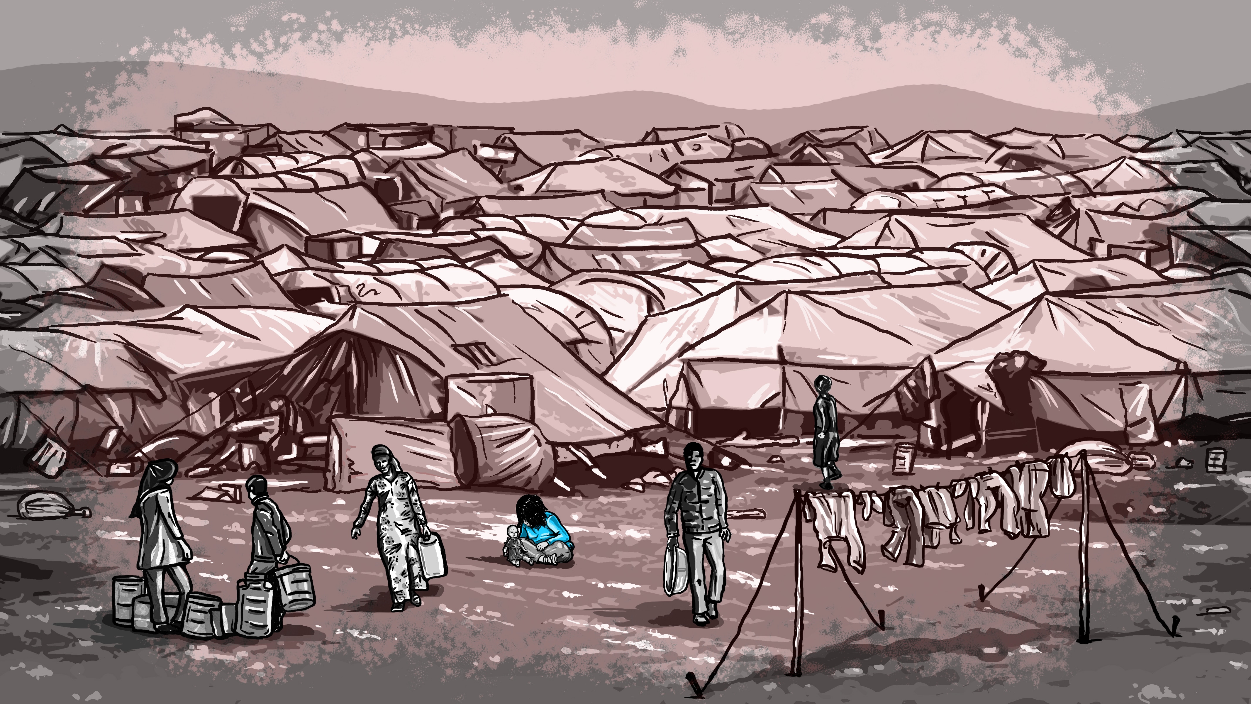 A small child is shown in blue against a greyscale illustration of a refugee camp.