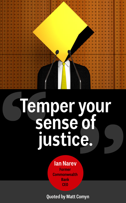 Illustration of a suited figure with Commonwealth logo for a head. Quote below reads: "Temper your sense of justice."