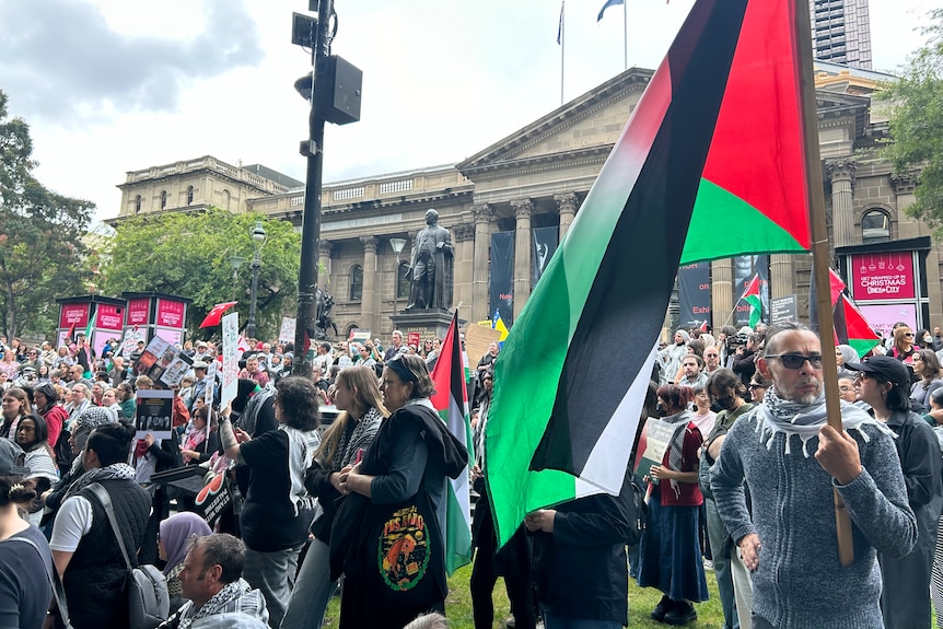 A crowd of people at a pro-Palestinian rally on the lawns of the State Library of Victoria, many waving flags.
