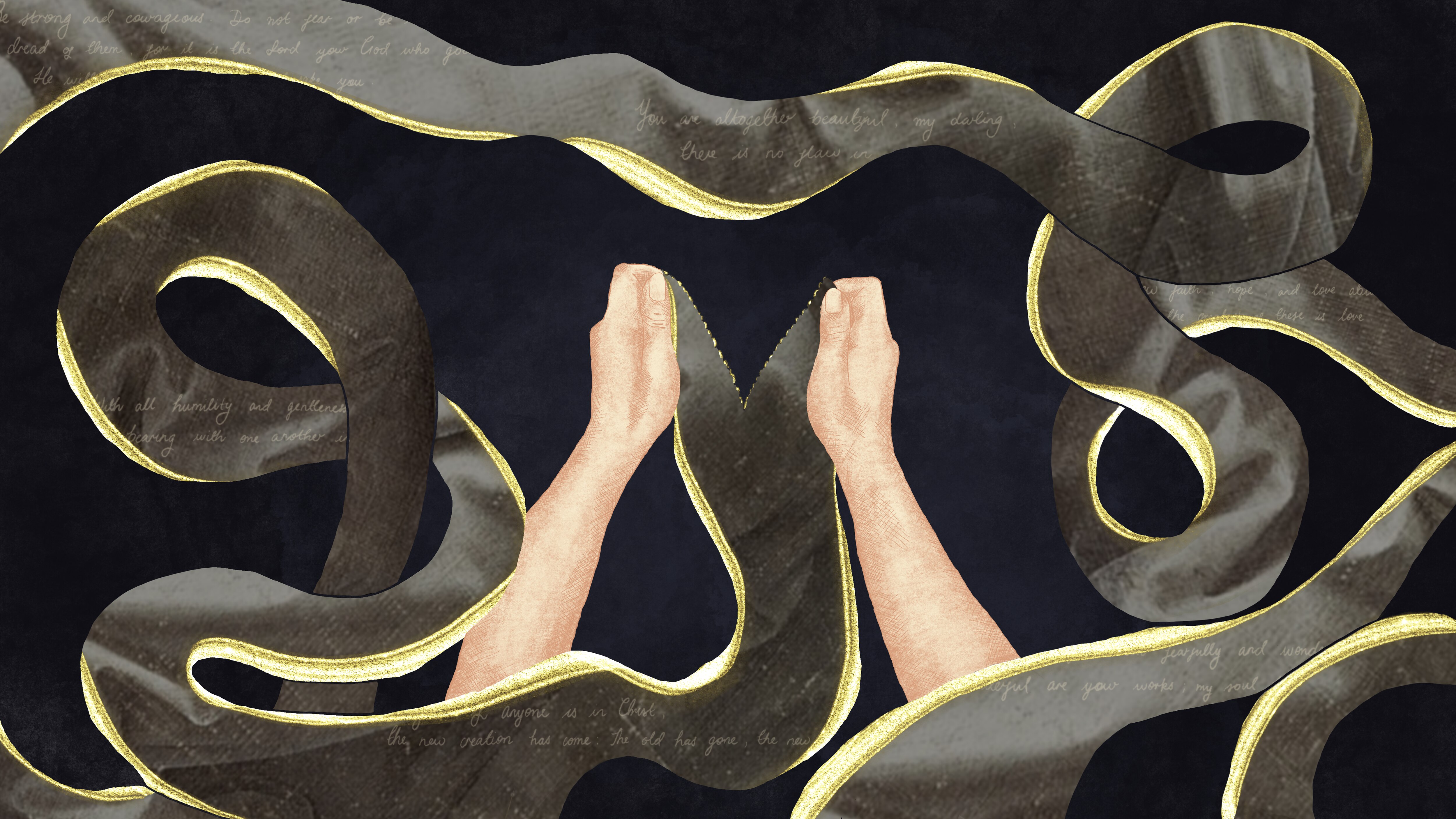 An illustration of a woman's hands tearing bandages that snake around her hands.
