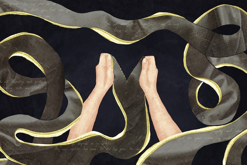 An illustration of a woman's hands tearing bandages that snake around her hands.