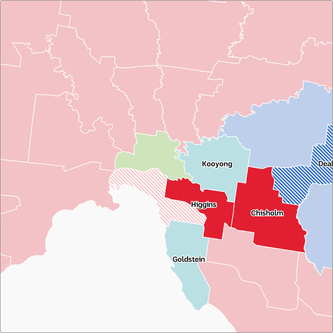 The map shows the seats of Melbourne that changed hands in 2022.