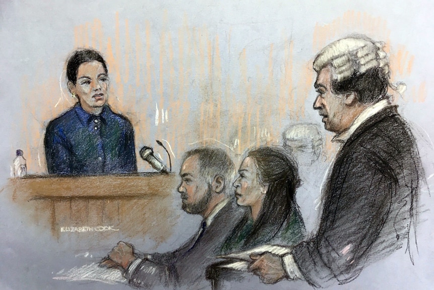 A courtroom sketch of a woman in a blue coat testifying in court. 