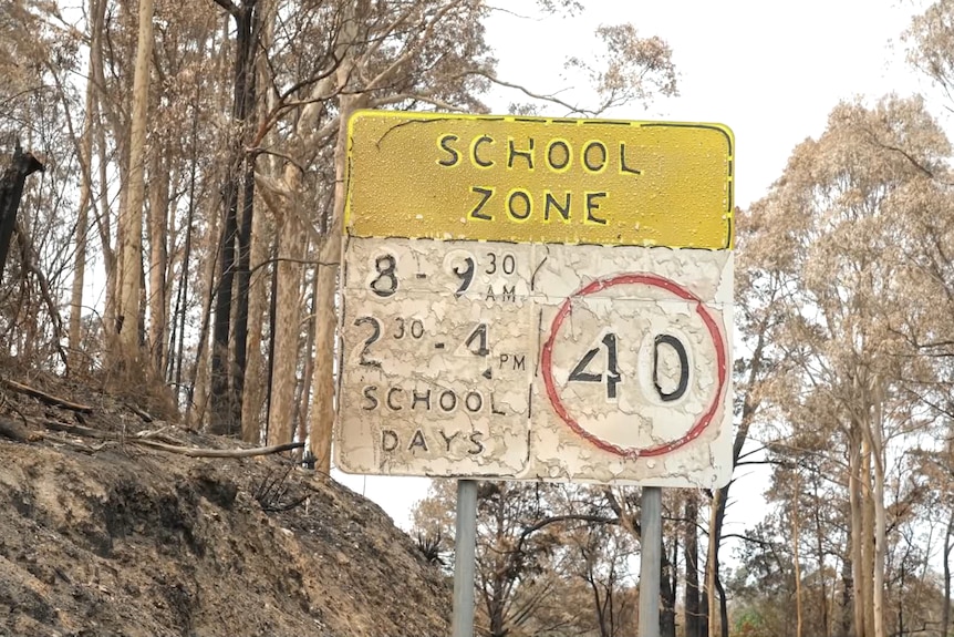 A burnt and peeling school speed zone sign stands in front of a burnt hill and forest