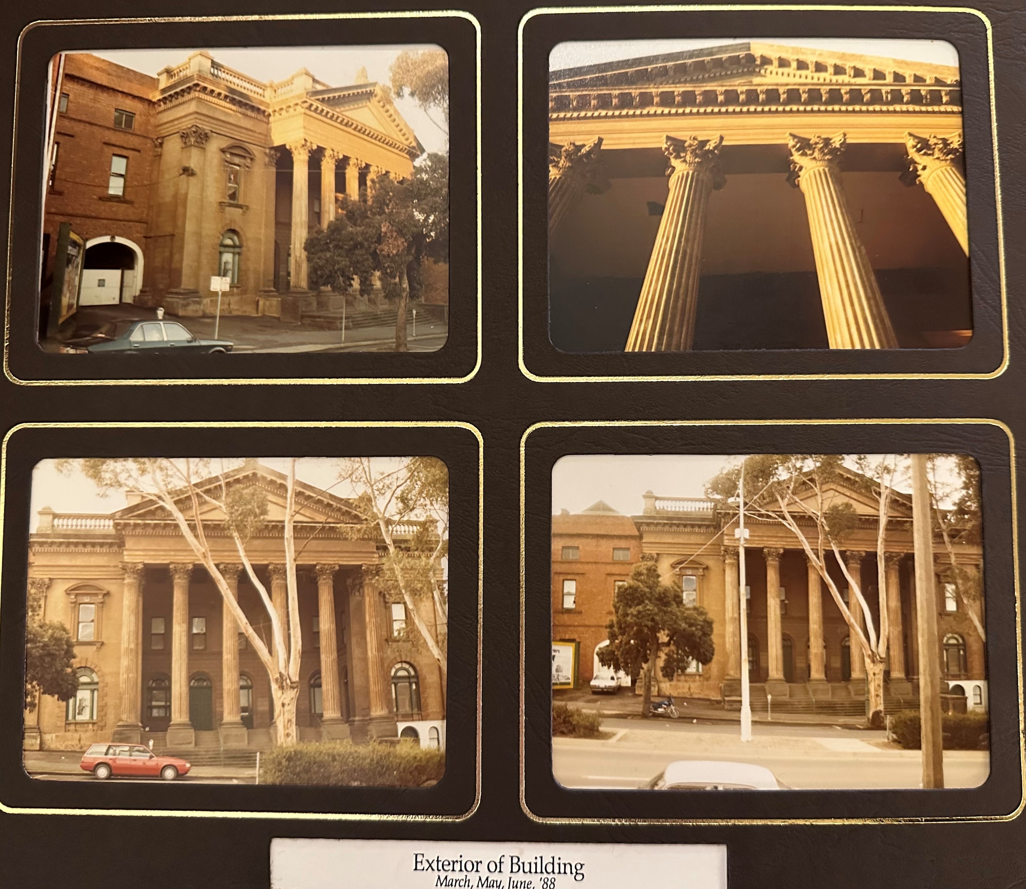 A set of four photos, all sepia-toned, in an album bordered with gold.