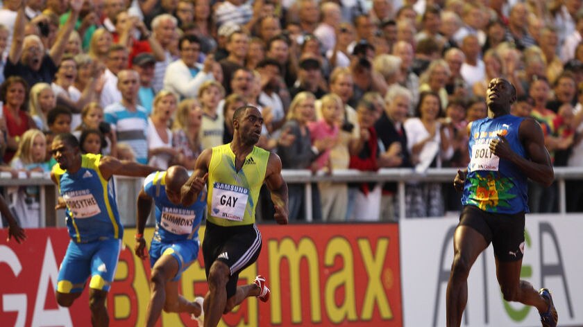 Tyson Gay streaks home ahead of Usain Bolt in Stockholm.
