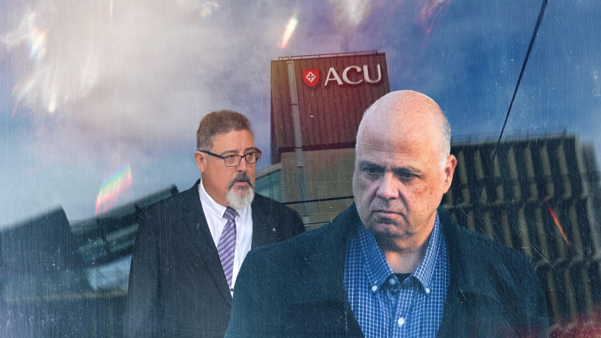 A designed image showing John Zeitoune, Jye West and a building bearing an ACU logo.