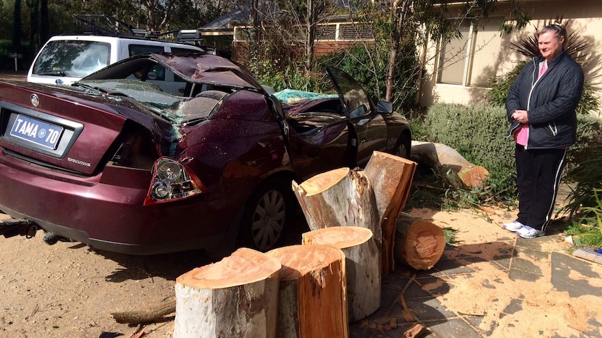 Teresa Taylor looks at her flattened car