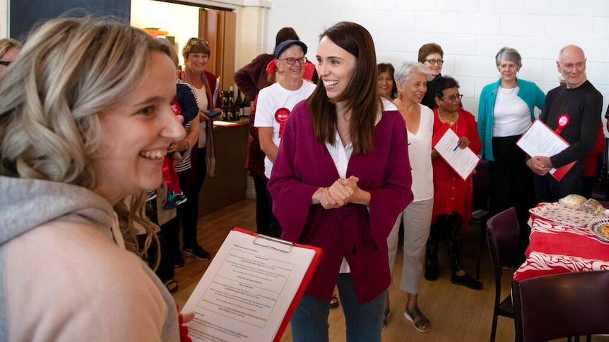 New Zealand Prime Minister Jacinda Ardern gestures as she thanks her electorate workers at an event in Auckland.