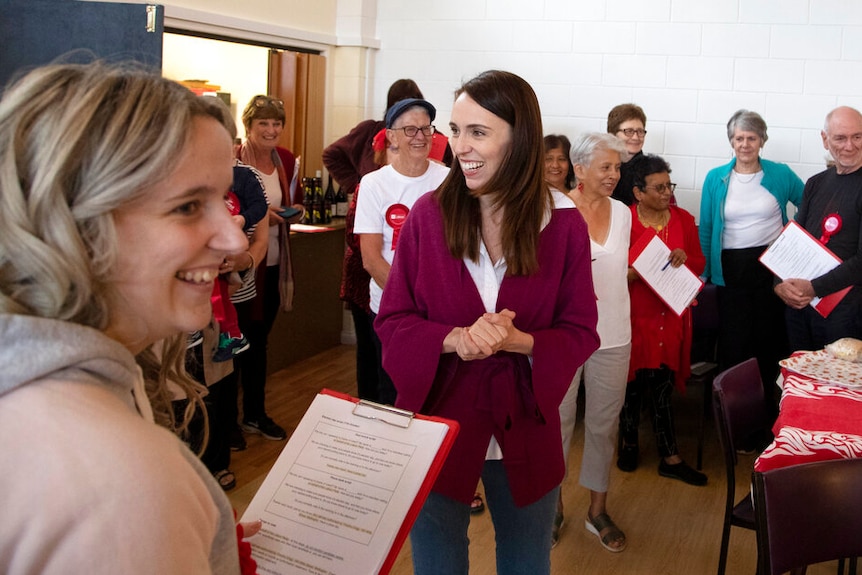 New Zealand Prime Minister Jacinda Ardern gestures as she thanks her electorate workers at an event in Auckland.