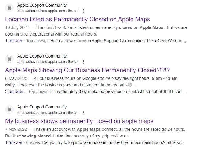 Apple Maps search results