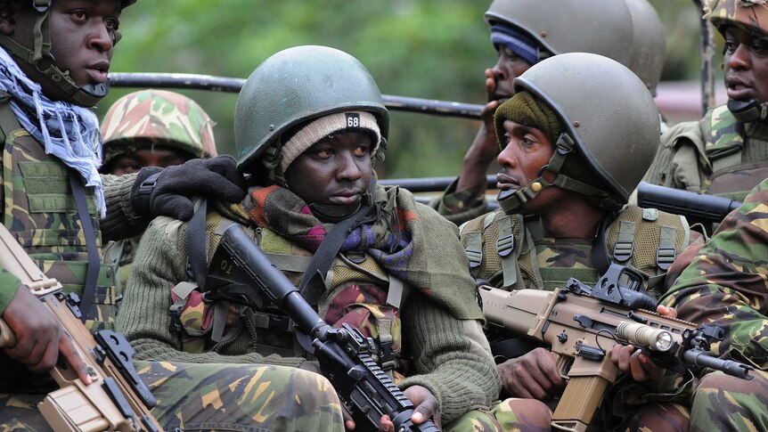Kenyan Defence Force soldiers at scene of Nairobi mall shooting