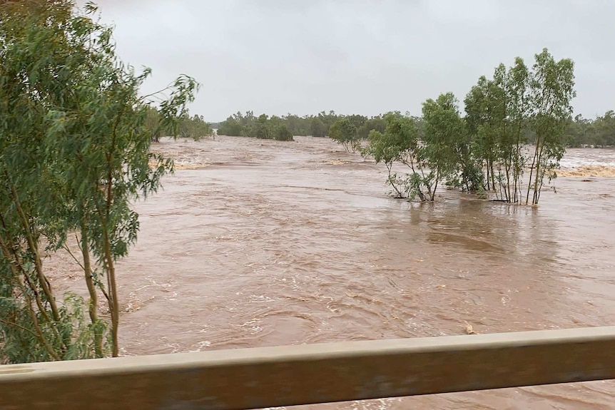 Rapidly moving brown floodwater rushes underneath a bridge.