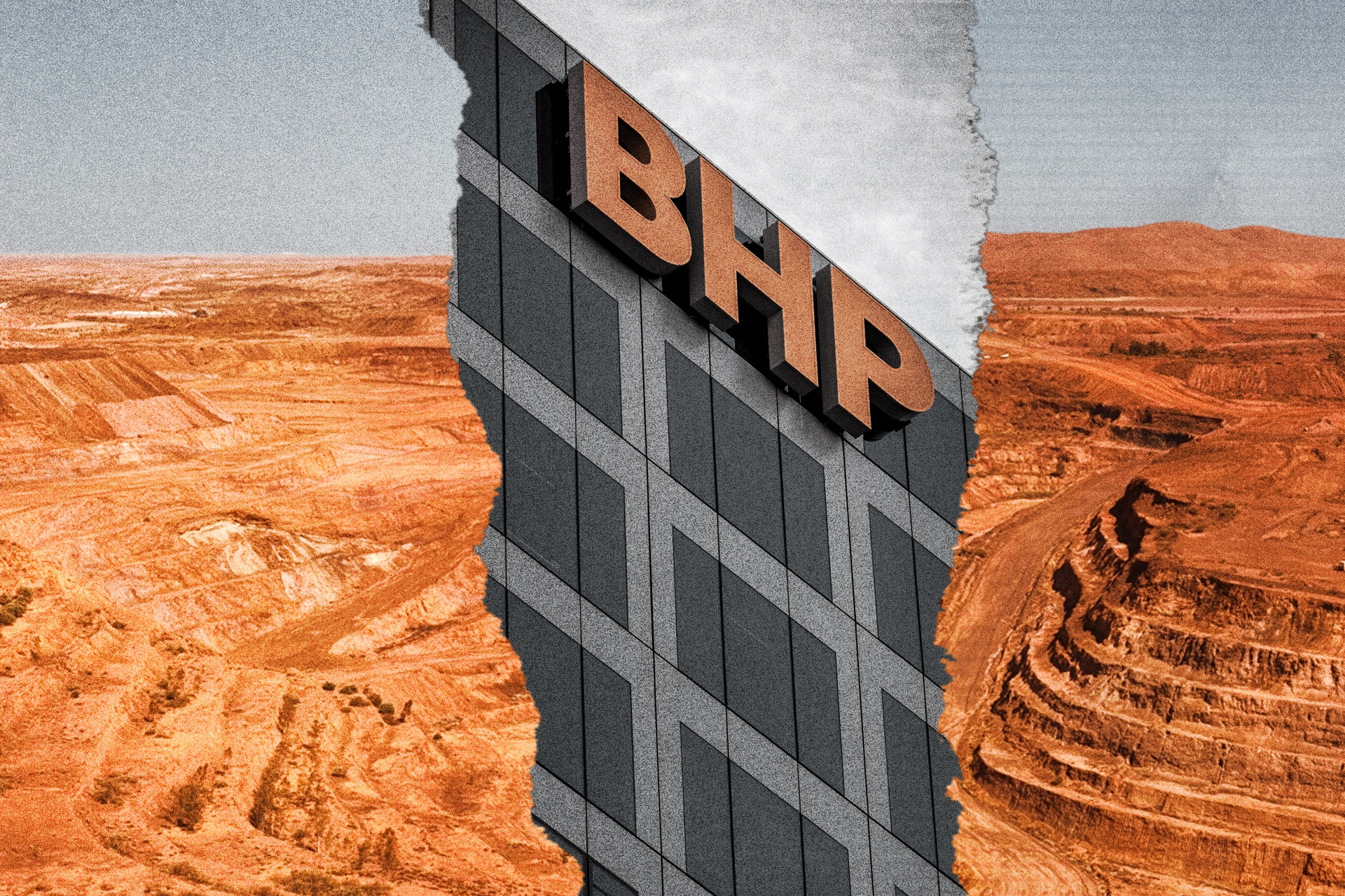 A photo of an iron ore mine is ripped down the middle and replaced by a photo of a BHP building.
