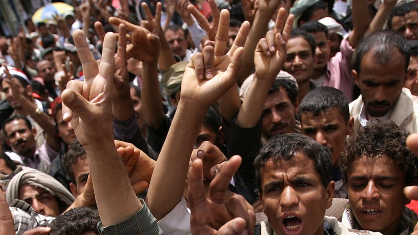 Anti-government protestors call for the resignation of Saleh
