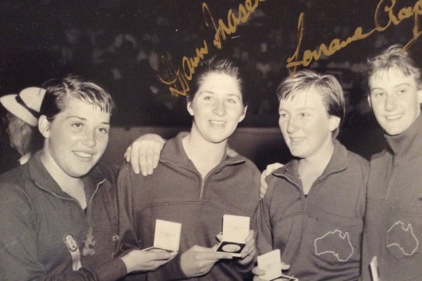 Swimmers Sandra Morgan-Beavis, Dawn Fraser, Lorraine Crapp and Faith Leech in a black and white photo.