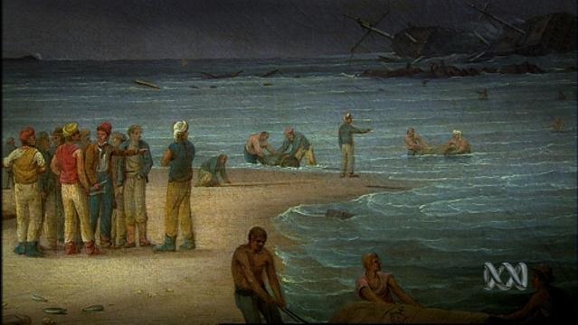 Painting shows shipwreck survivors on shoreline, wrecked ship in background