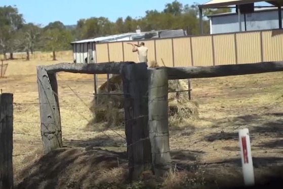 A man on a rural property firing a shotgun.