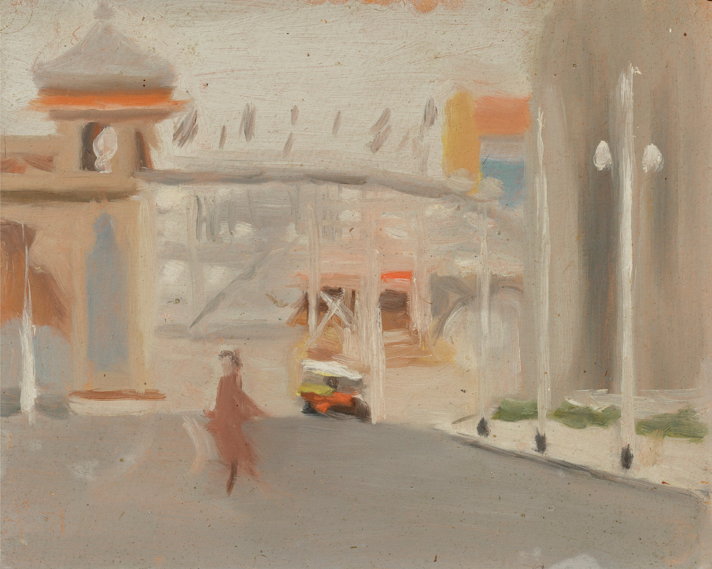 A painting by Clarice Beckett, blurry realism, of the outside of Melbourne's Luna Park in 1919