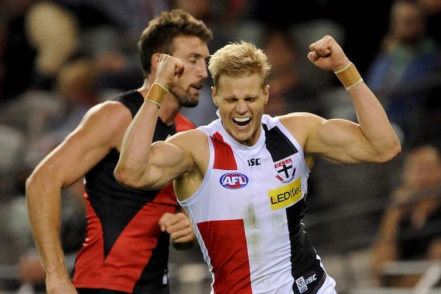 Nick Riewoldt celebrates a goal against the Bombers