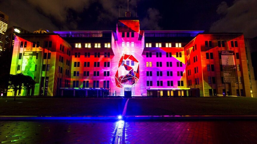 Museum of Contemporary Art lit up during opening night Vivid festival in Sydney