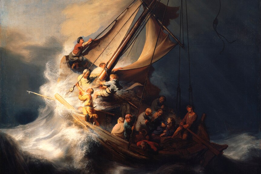 A painting of people on a boat in wild seas.