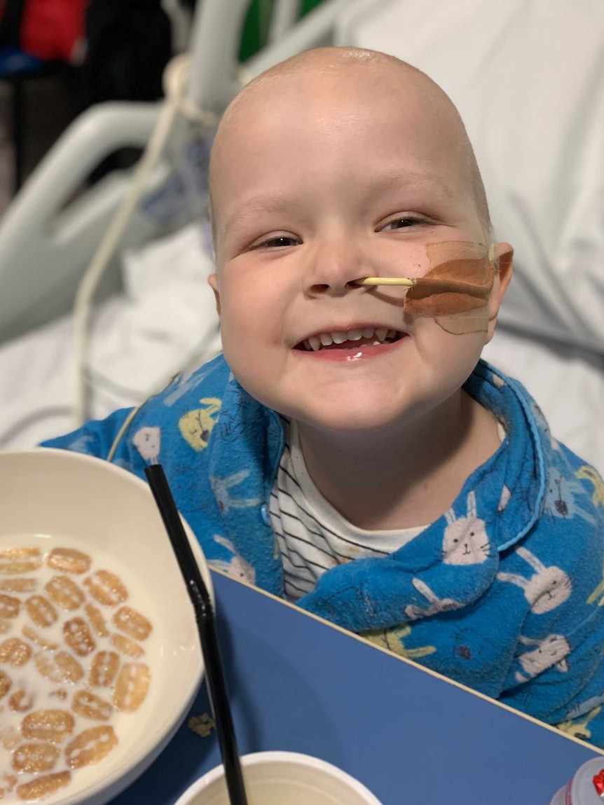 A little boy in his pyjamas at Sydney Children's Hospital