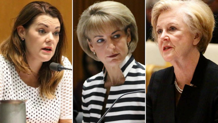 A composite image of Sarah Hanson-Young, Michaelia Cash and Gillian Triggs in Senate estimates hearings.