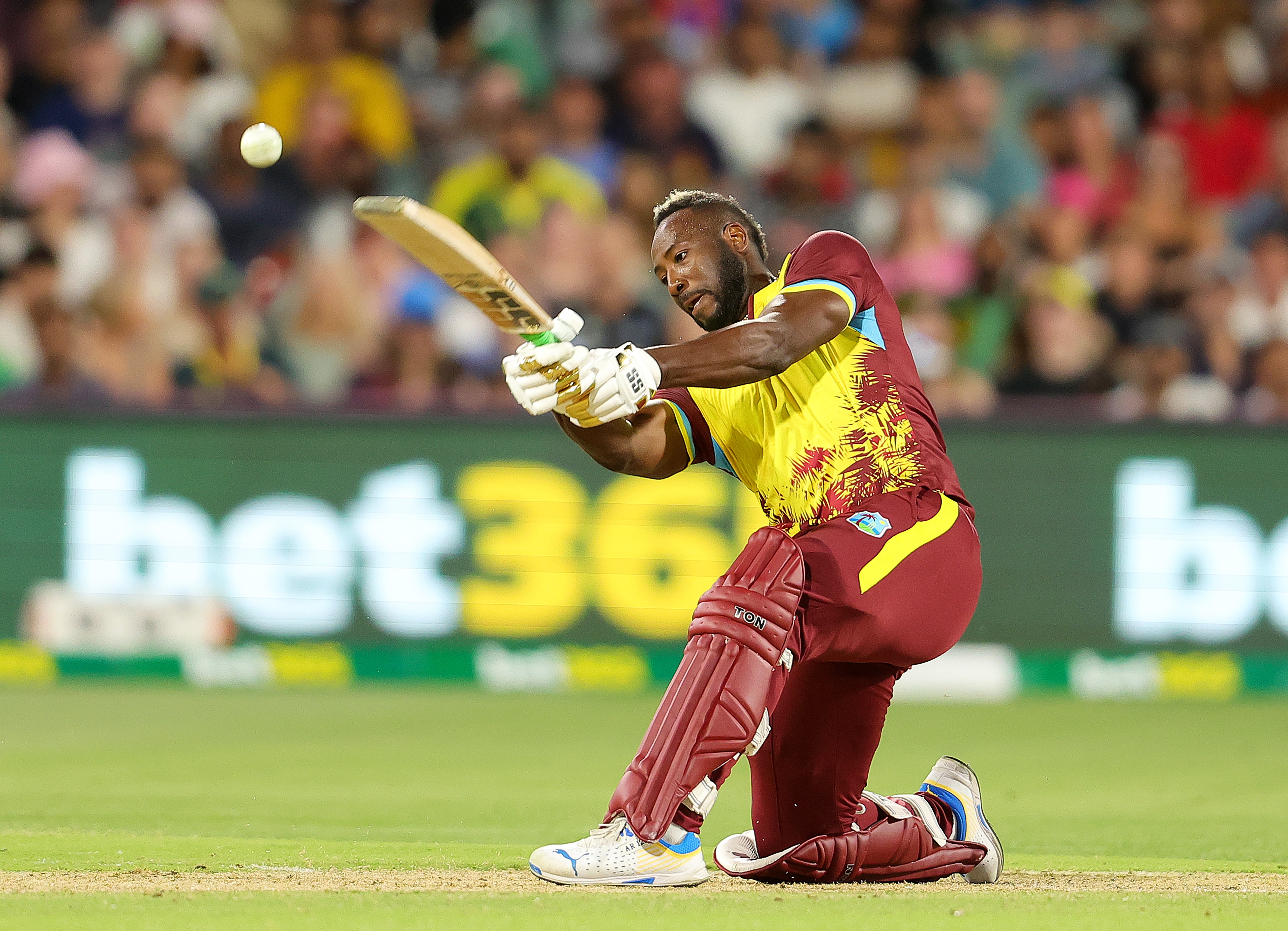 A West Indies cricketer plays a shot during a match