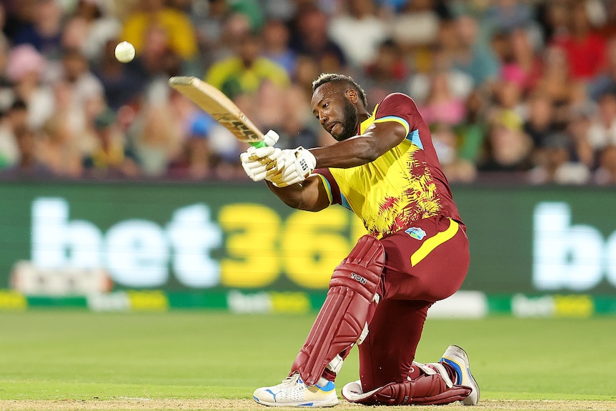 A West Indies cricketer plays a shot during a match