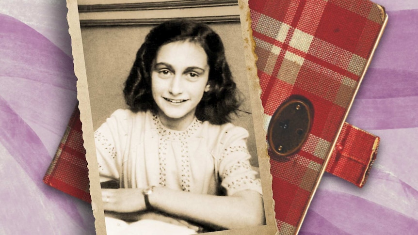 Old photograph of Anne Frank and her diary in the background.