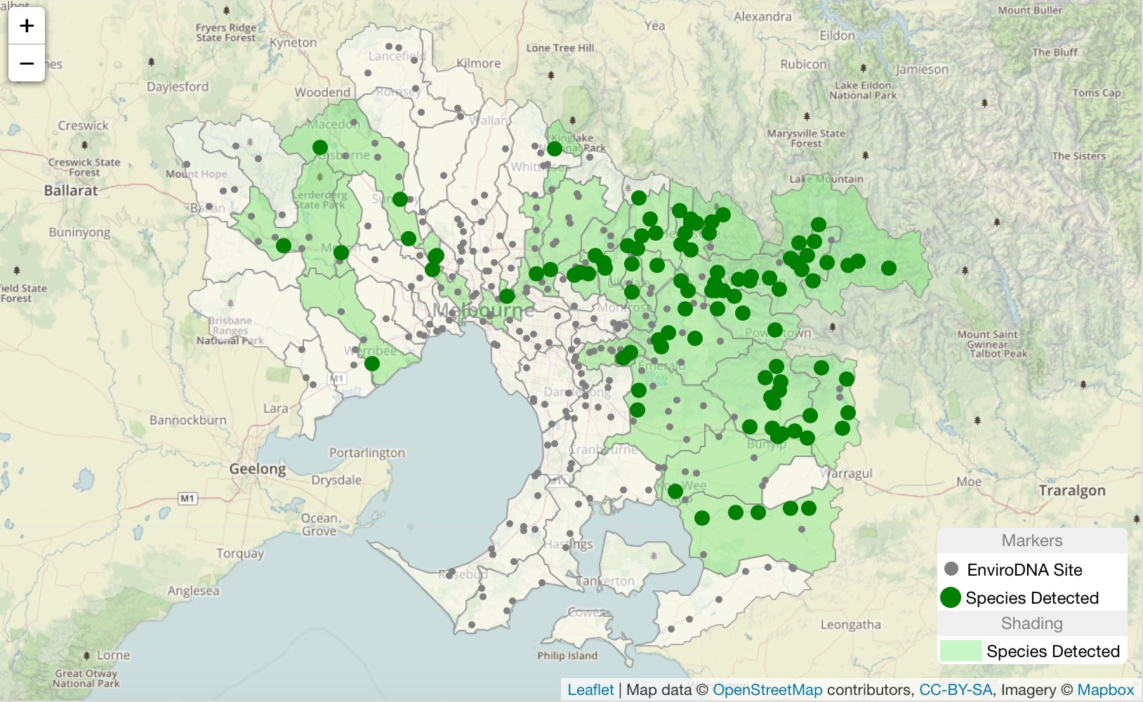 A map of platypus around Melbourne as obtained by environmental DNA