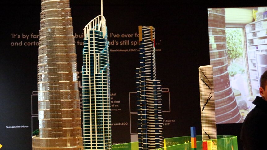 Lego towers on display at the National Museum of Australia Towers of Tomorrow exhibition