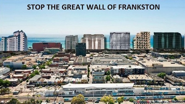 An artist's rendition of several high rise buildings blocking views of the water